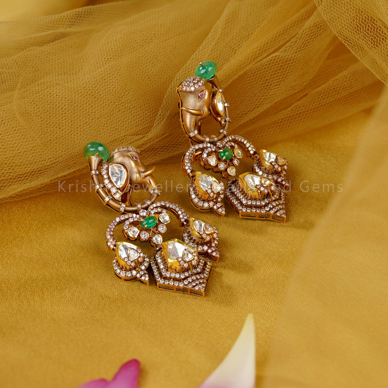 Elephant Motif Emerald Polki Earrings in 14K Gold – Heritage