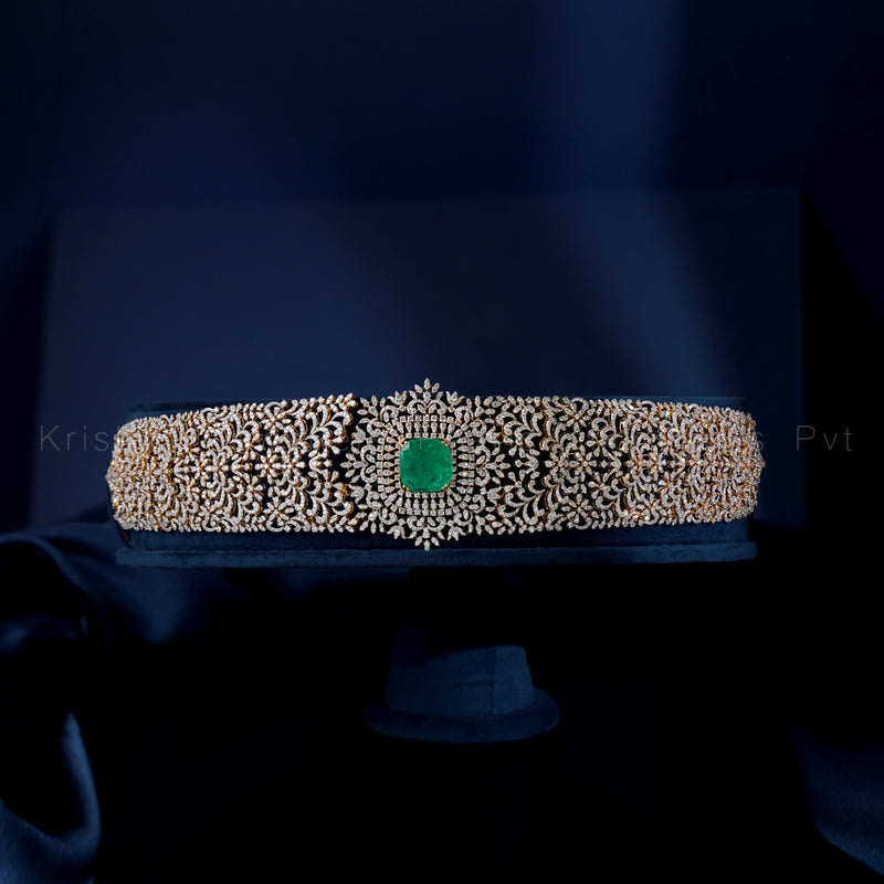 Diamond Emerald Vaddanam | Bridal Ottiyanam Waist Belt in Gold