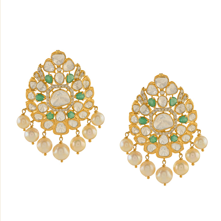 Polki Dangle Earrings With Hanging Pearls - Krishna Jewellers Pearls and Gems