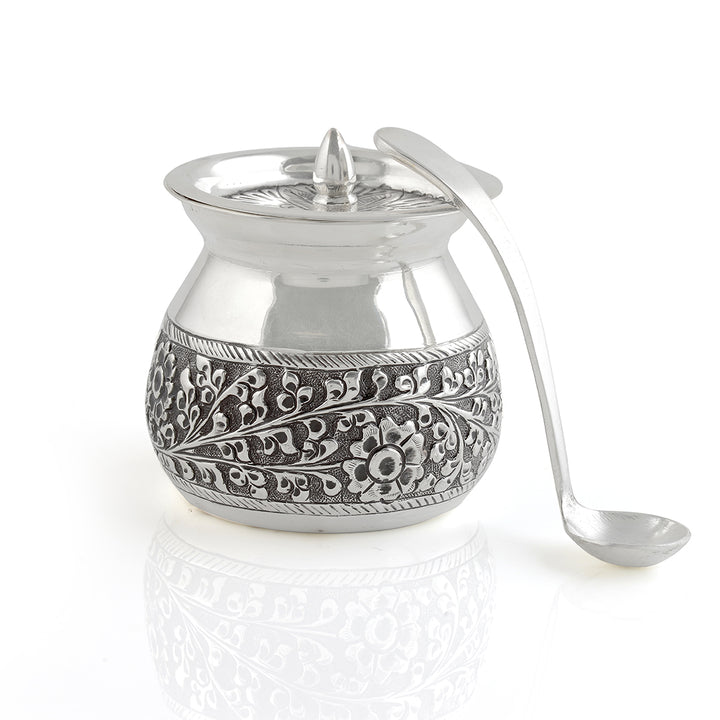 Silver Floral Antique Ghee Pot - Krishna Jewellers Pearls and Gems