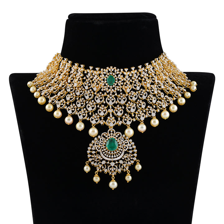 Diamond Broad Choker with hanging pearls - Krishna Jewellers Pearls and Gems