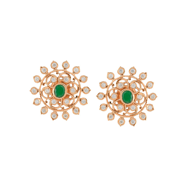 Flower Diamond Studs with Greenstone - Krishna Jewellers Pearls and Gems