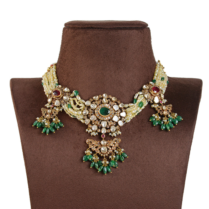 18k Victorian Polki Emerald Pearl Choker - Krishna Jewellers Pearls and Gems