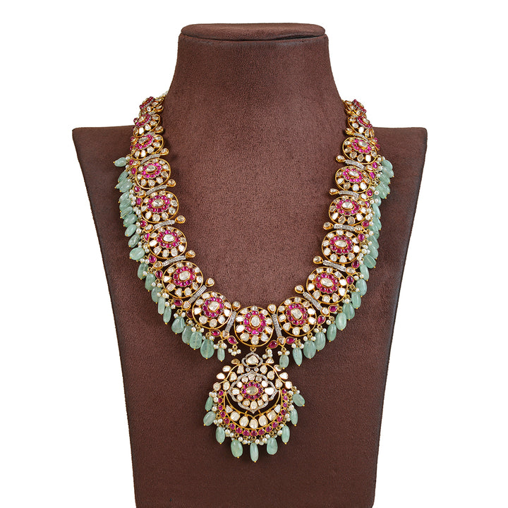 14k Gold Ruby Emerald Polki Necklace - Krishna Jewellers Pearls and Gems