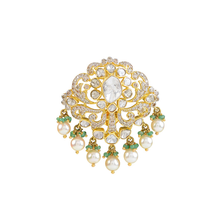 18k Gold Polki Emerald Pearls Pendant - Krishna Jewellers Pearls and Gems