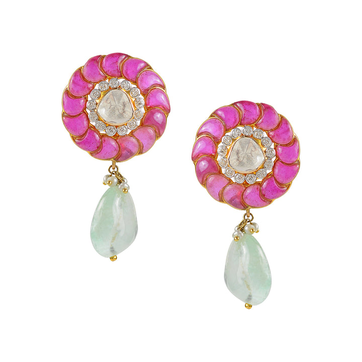 18k Ruby Polki Emerald Studs - Krishna Jewellers Pearls and Gems