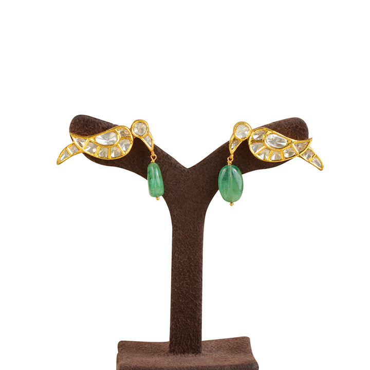 22k Gold Polki Peacocok Emerald Earrings - Krishna Jewellers Pearls and Gems
