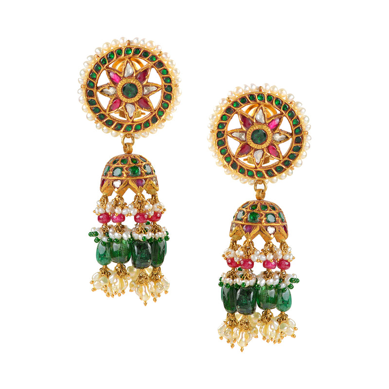 22k Gold Kundan Emeralds and Pearls Earrings