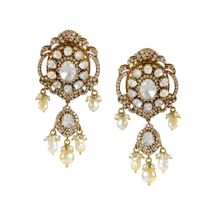 Victorian Gold Polki Hanging Earrings - Krishna Jewellers Pearls and Gems