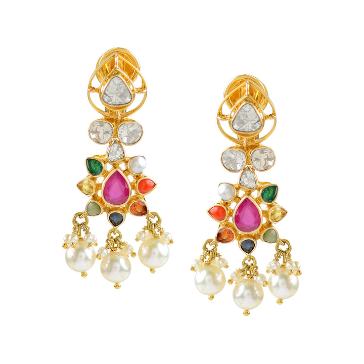 14K Gold Polki Navarthna Stones Earrings - Krishna Jewellers Pearls and Gems