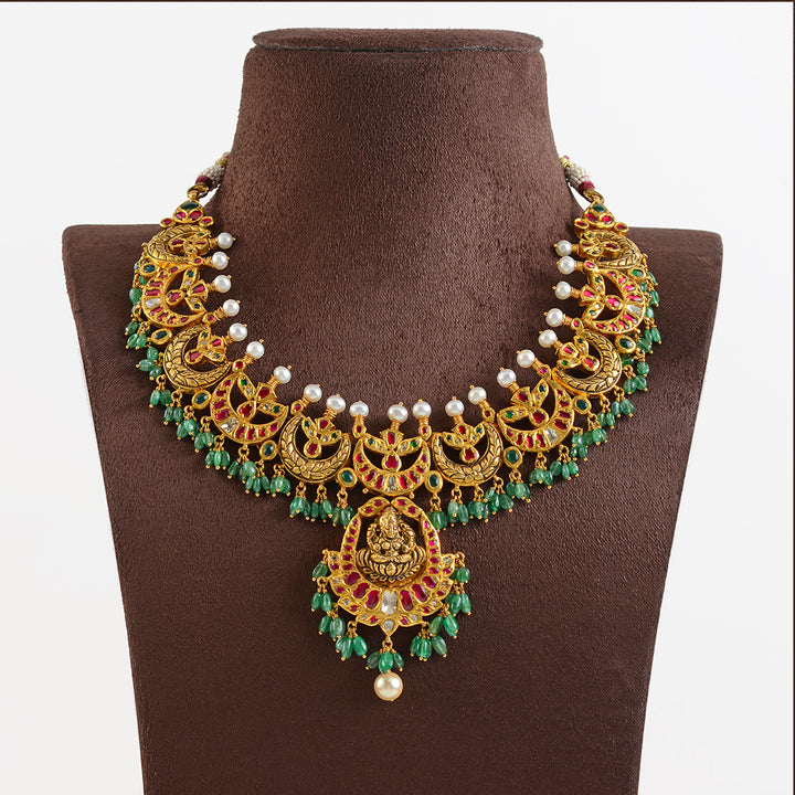 Gold Chandbali Necklace with Laxmi Pendant - Krishna Jewellers Pearls and Gems