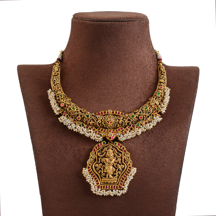 Antique Gold Kanti Necklace With Guttapusalu - Krishna Jewellers Pearls and Gems