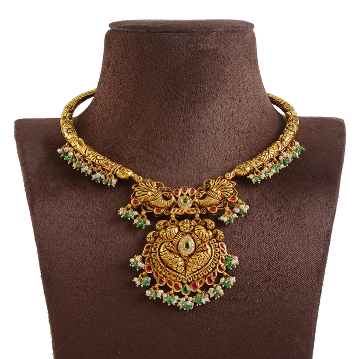 22k Gold Kanti Necklace With Emerald Beads - Krishna Jewellers Pearls and Gems