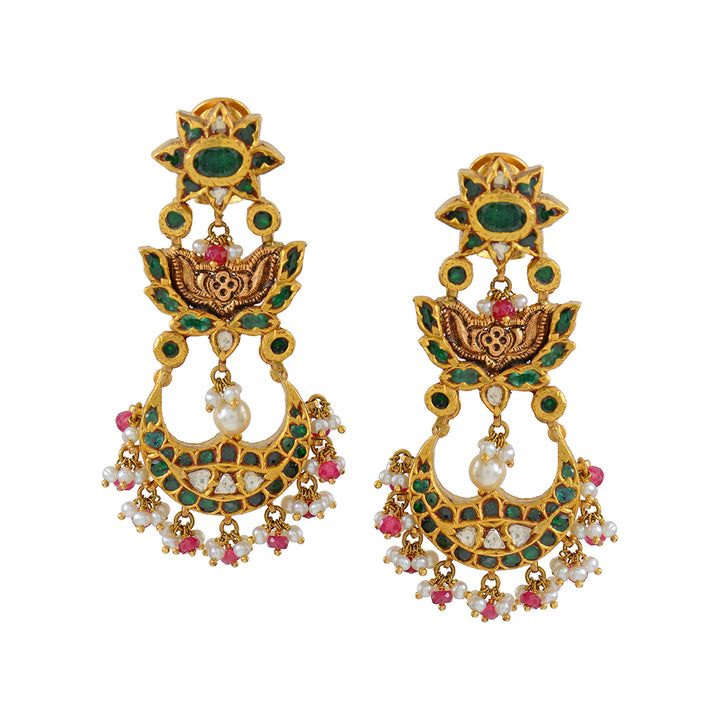 Gold Jhumka Earrings in Sunflower Motif - Krishna Jewellers Pearls and Gems