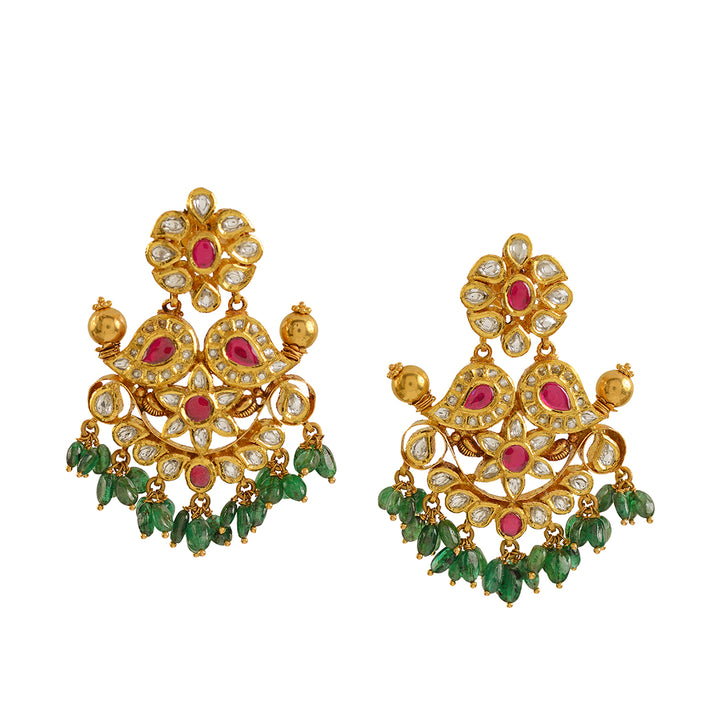 Gold Chandbali Earrings with Emerald Drops - Krishna Jewellers Pearls and Gems