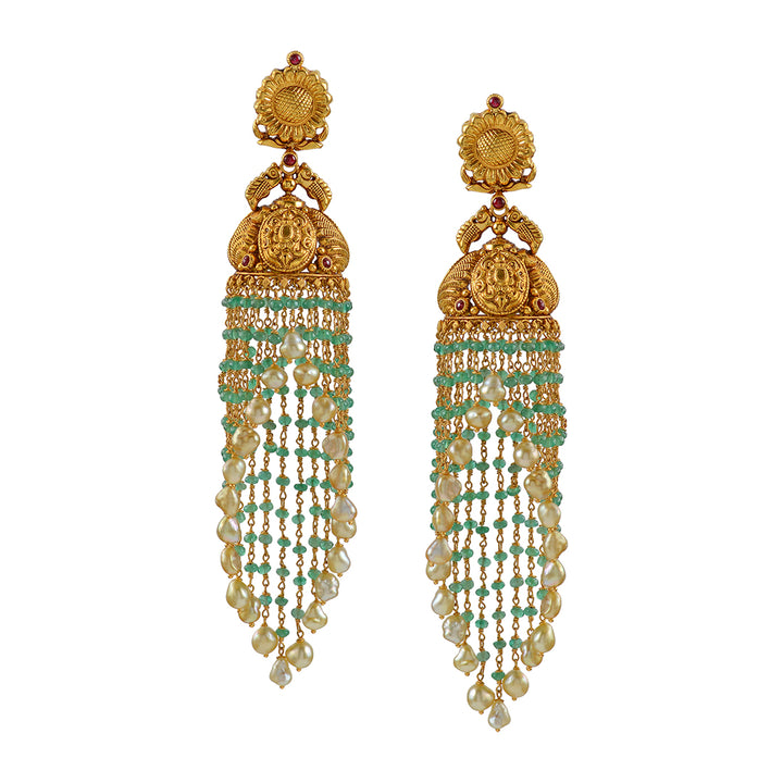 Gold Jhoomer Earrings with Floral Emeralds and Pearl lines - Krishna Jewellers Pearls and Gems