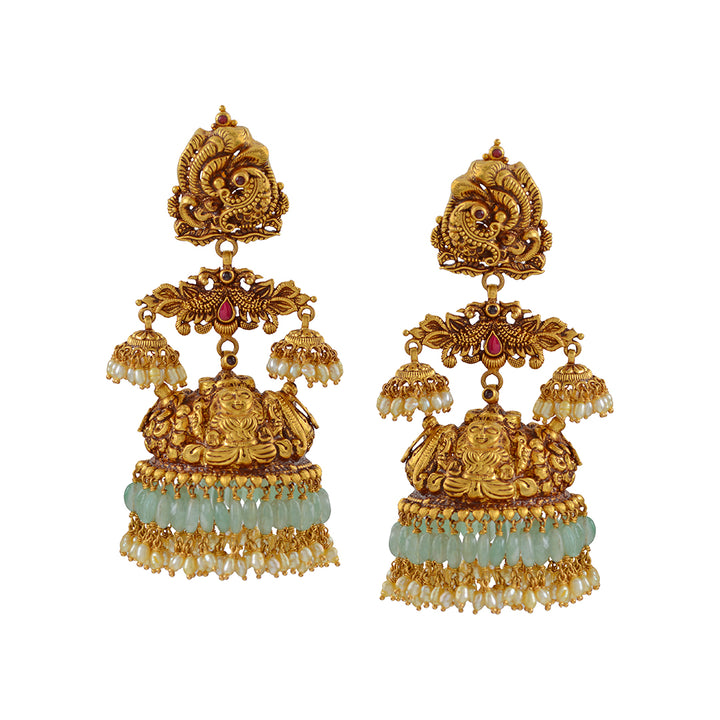 Gold Jhumka  Earrings with Emerald Beads - Krishna Jewellers Pearls and Gems