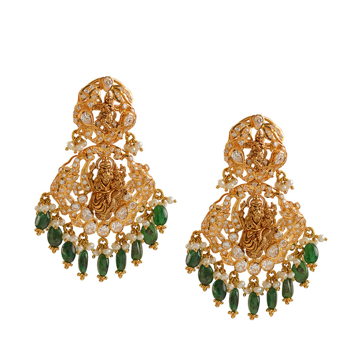 Gold Chandbali Earrings with Emerald Beads - Krishna Jewellers Pearls and Gems