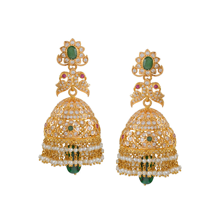 Gold Jhumka Earrings with Pearls Drops - Krishna Jewellers Pearls and Gems
