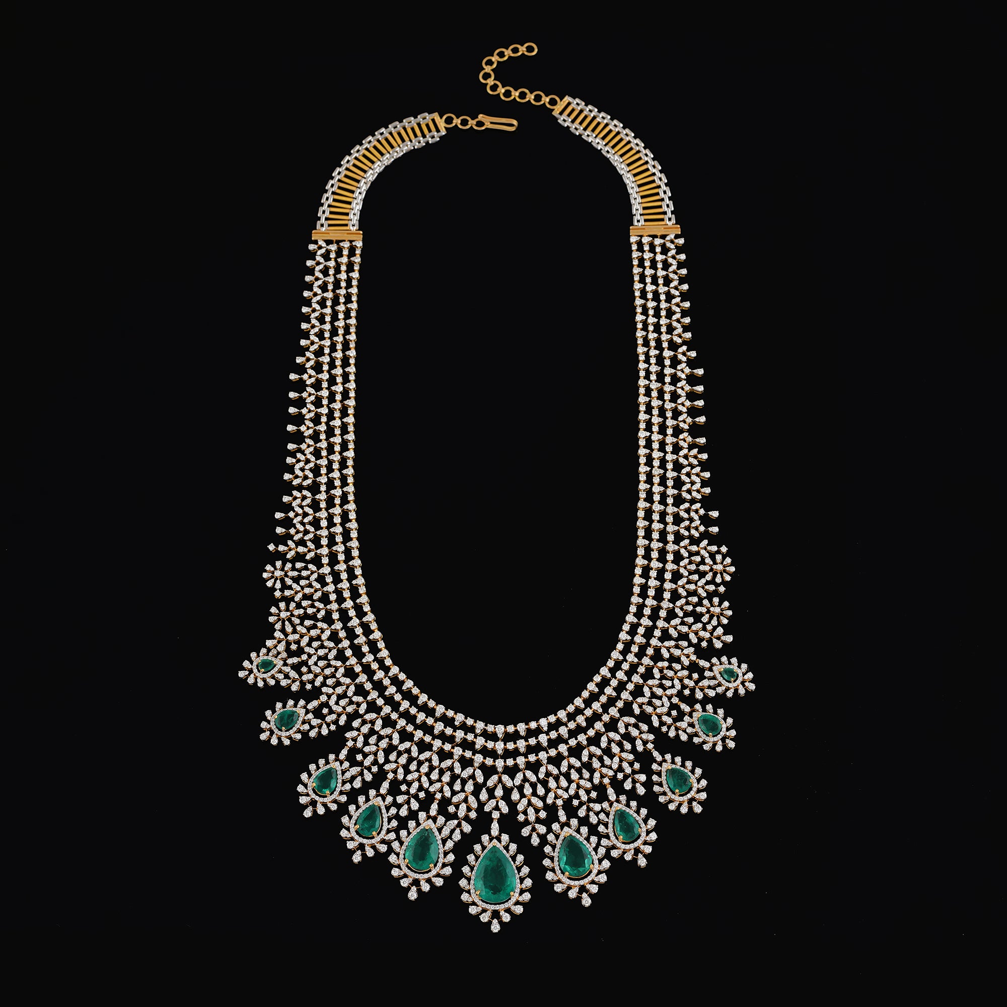 Diamond Emerald Long Haram Necklace Crafted with 18k Gold - Krishna Jewellers Pearls and Gems