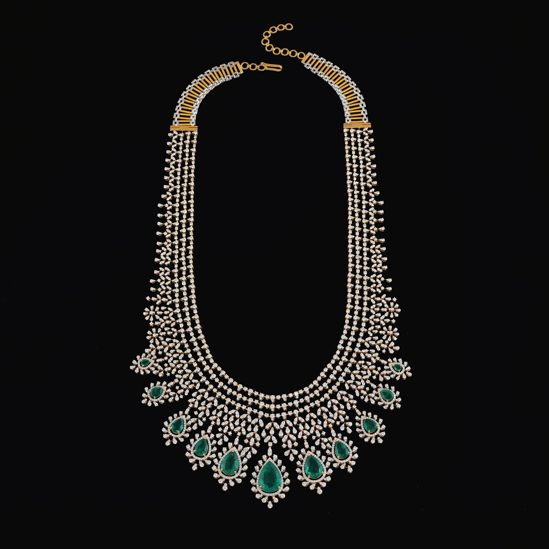Diamond Emerald Long Haram Necklace Crafted with 18k Gold - Krishna Jewellers Pearls and Gems