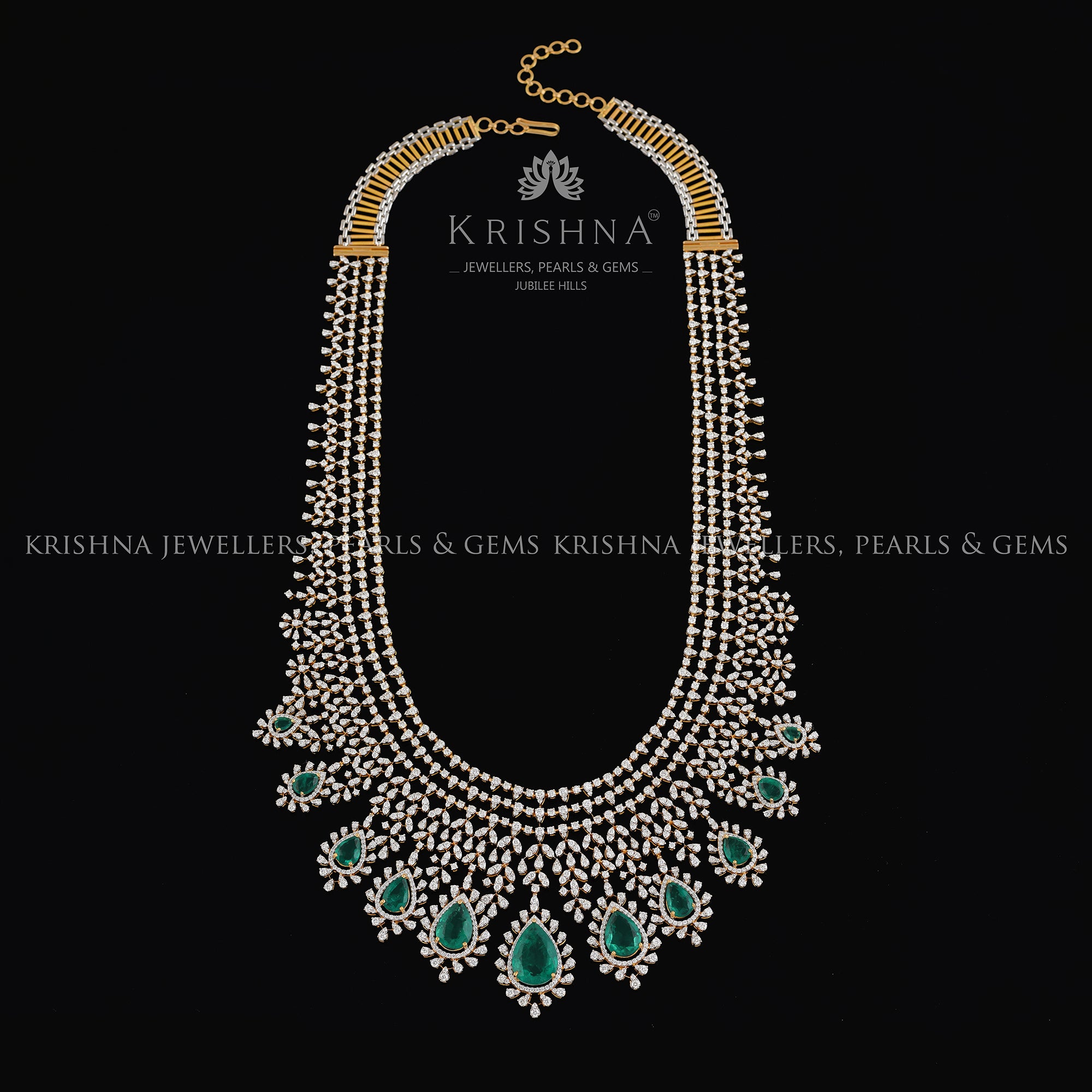 Diamond Emerald Long Haram Necklace Crafted with 18k Gold - Krishna Jewellers Pearls and Gems