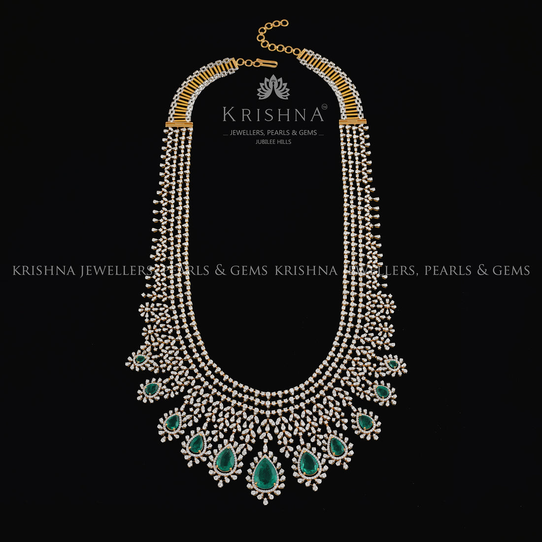 Diamond Emerald Long Haram Necklace Crafted with 18k Gold - Krishna Jewellers Pearls and Gems