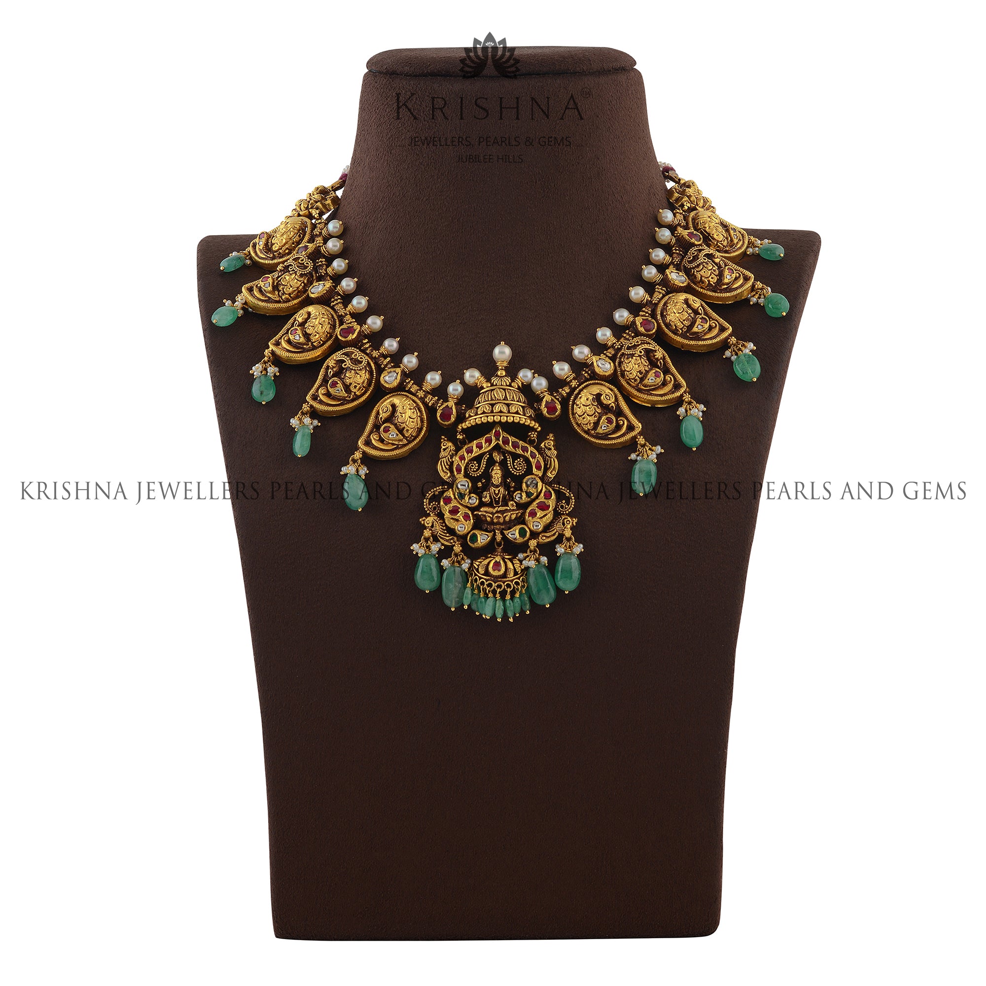 Gold Temple Necklace With Laxmi Pendant - Krishna Jewellers Pearls and Gems