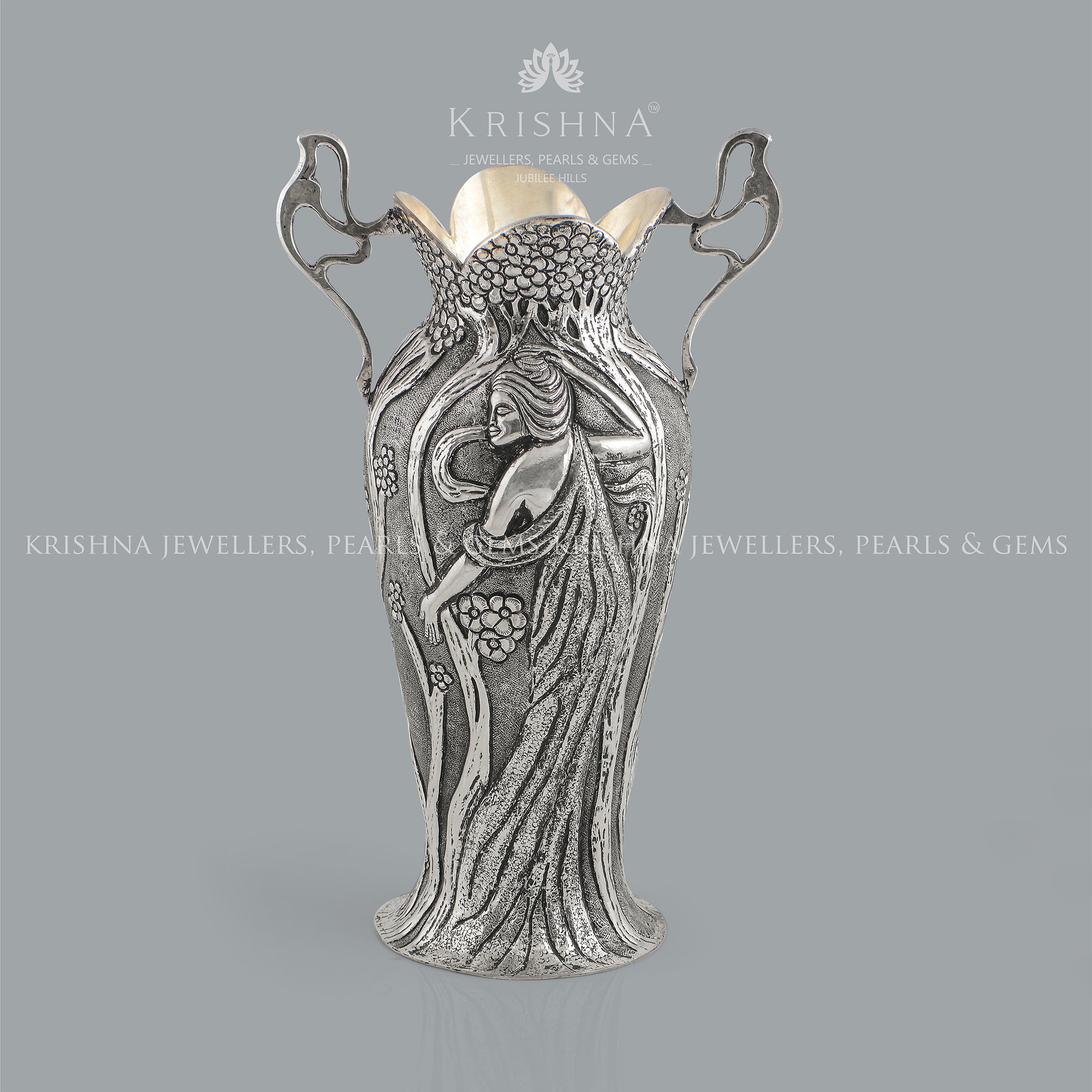 Artistic Silver Vase In Antique Finish - Krishna Jewellers Pearls and Gems
