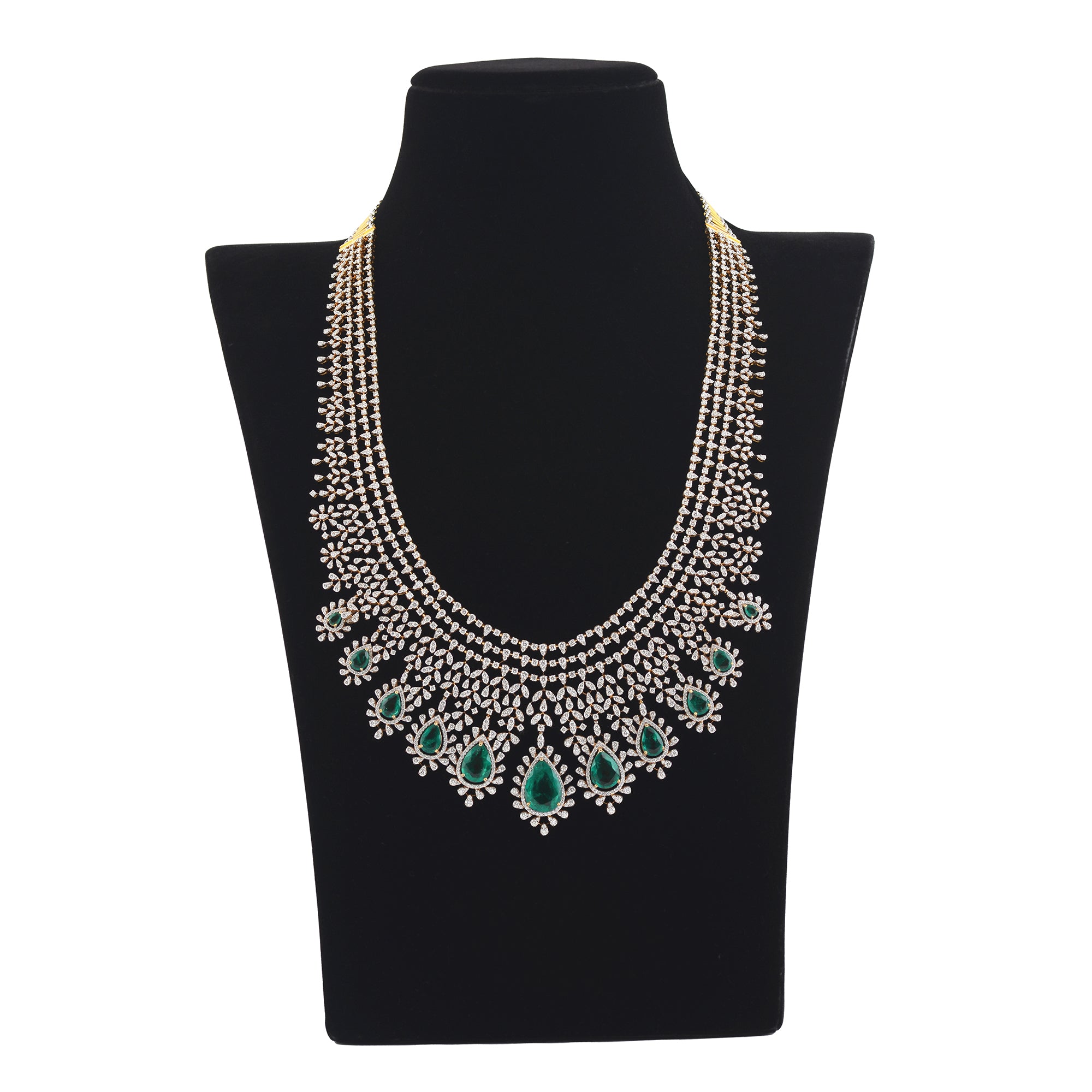 Diamond Emerald Long Haram Necklace Crafted with 18k Gold - Krishna Jewellers Pearls and Gems