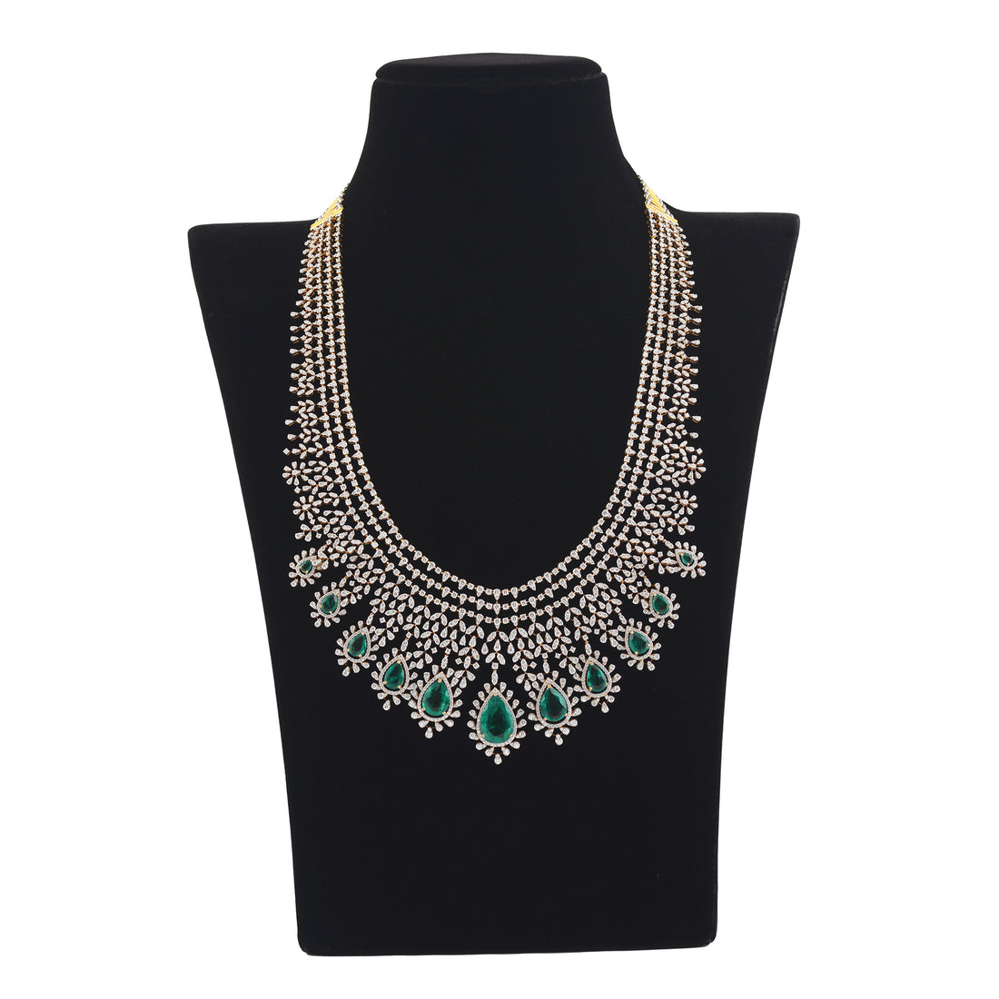 Diamond Emerald Long Haram Necklace Crafted with 18k Gold - Krishna Jewellers Pearls and Gems