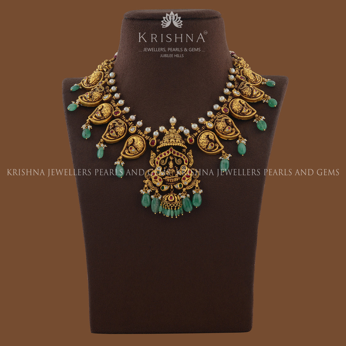 Gold Temple Necklace With Laxmi Pendant - Krishna Jewellers Pearls and Gems