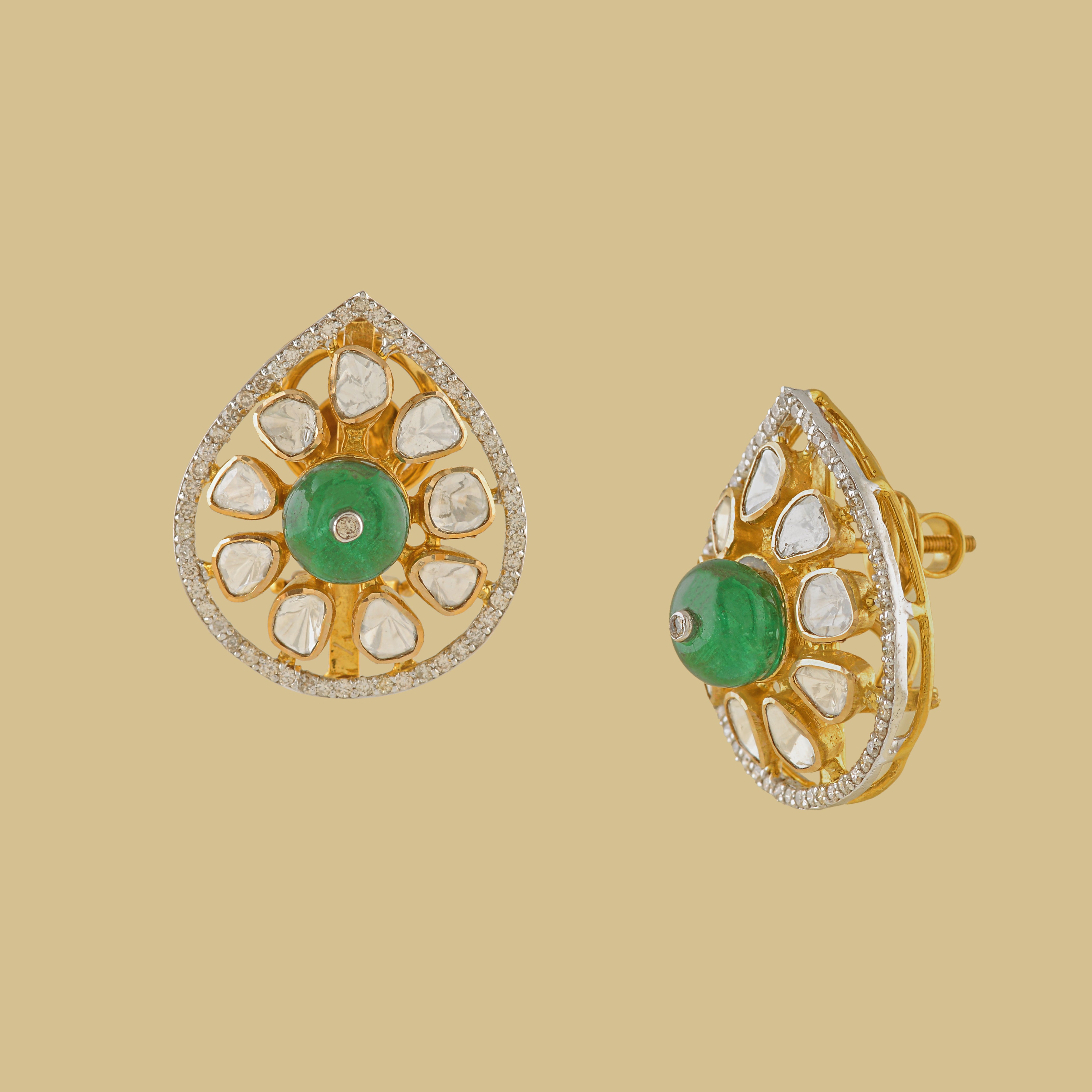 Drop Shape polki stud earrings - Krishna Jewellers Pearls and Gems