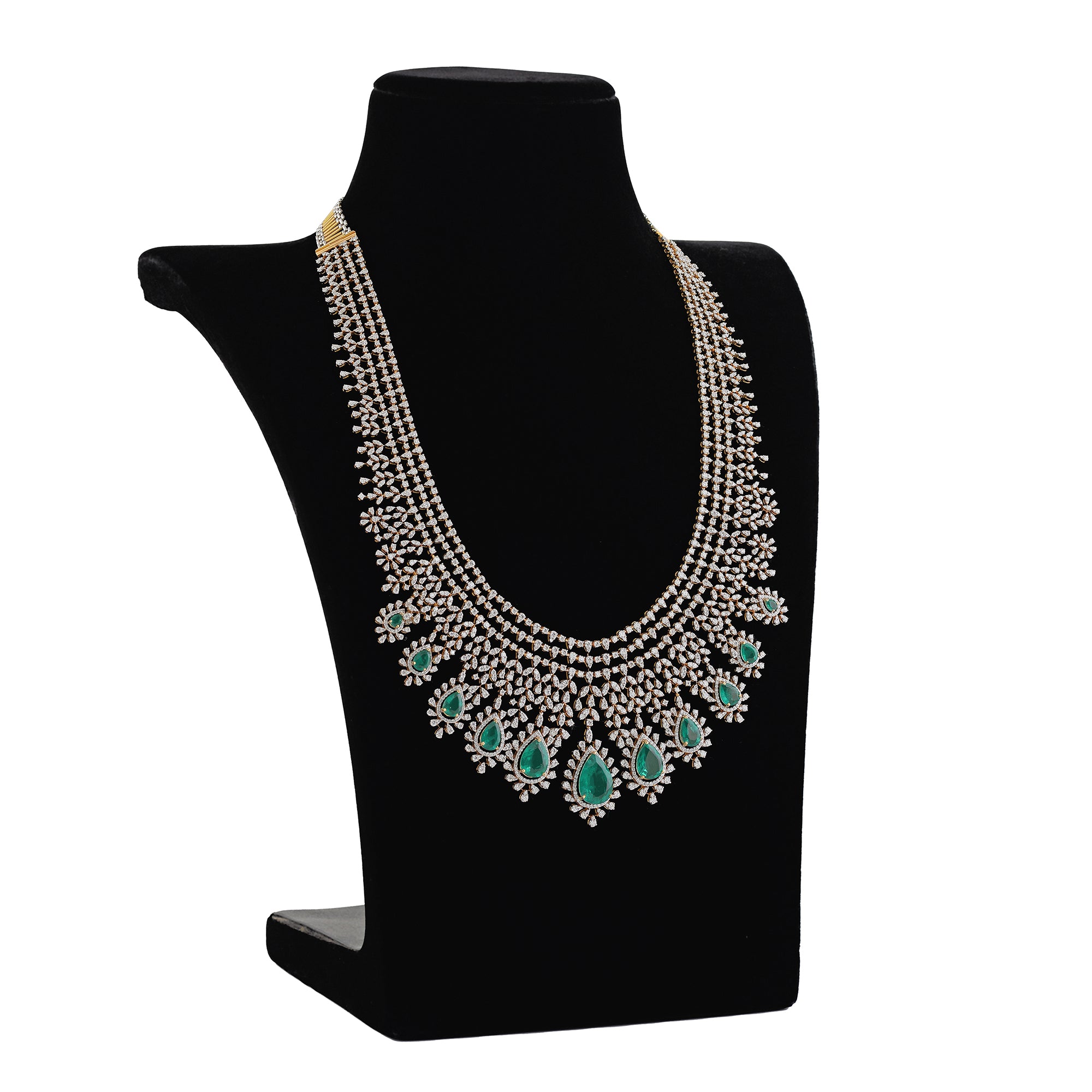 Diamond Emerald Long Haram Necklace Crafted with 18k Gold - Krishna Jewellers Pearls and Gems