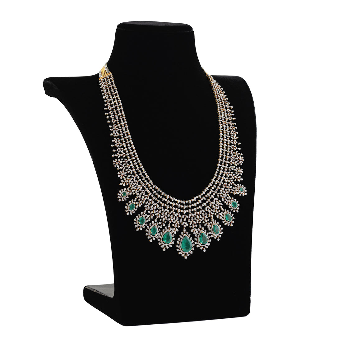 Diamond Emerald Long Haram Necklace Crafted with 18k Gold - Krishna Jewellers Pearls and Gems