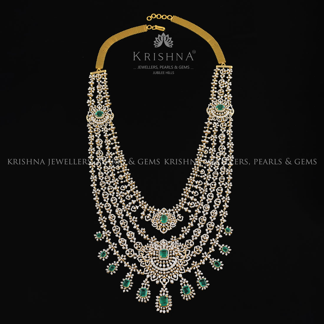 The Diamond 5 Layered Emerald Long Haar Necklace - Krishna Jewellers Pearls and Gems