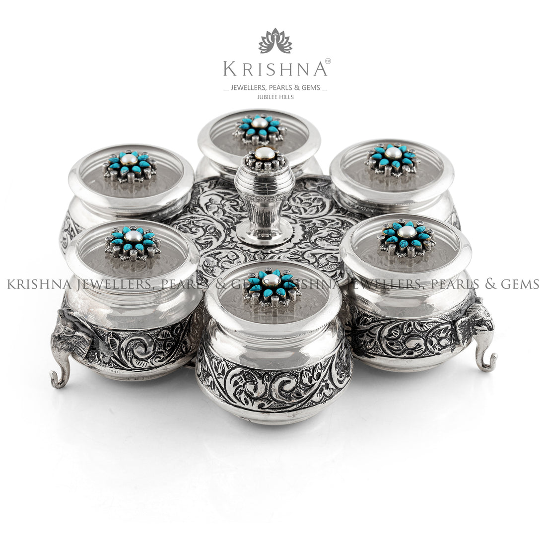 Silver Kumkum Bharni Set in Elephant Motif - Krishna Jewellers Pearls and Gems
