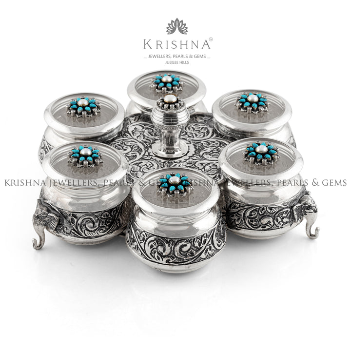 Silver Kumkum Bharni Set in Elephant Motif - Krishna Jewellers Pearls and Gems