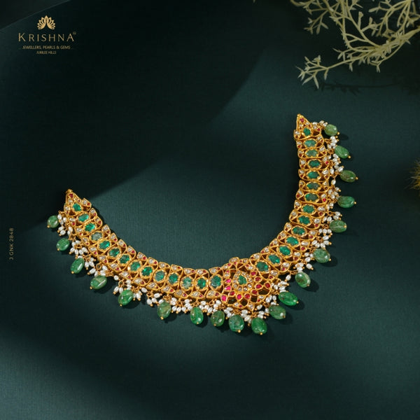 Emerald and polki gold kundan necklace with white pearl drops