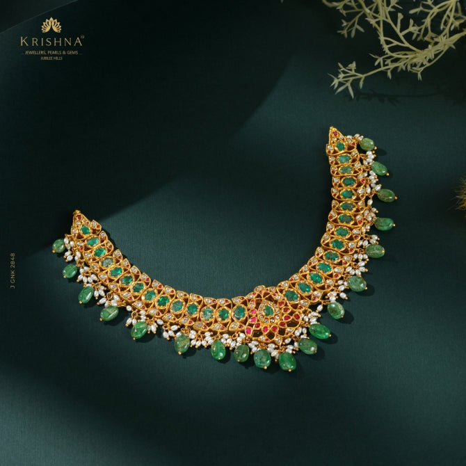 Emerald and Polki Gold Kundan Necklace