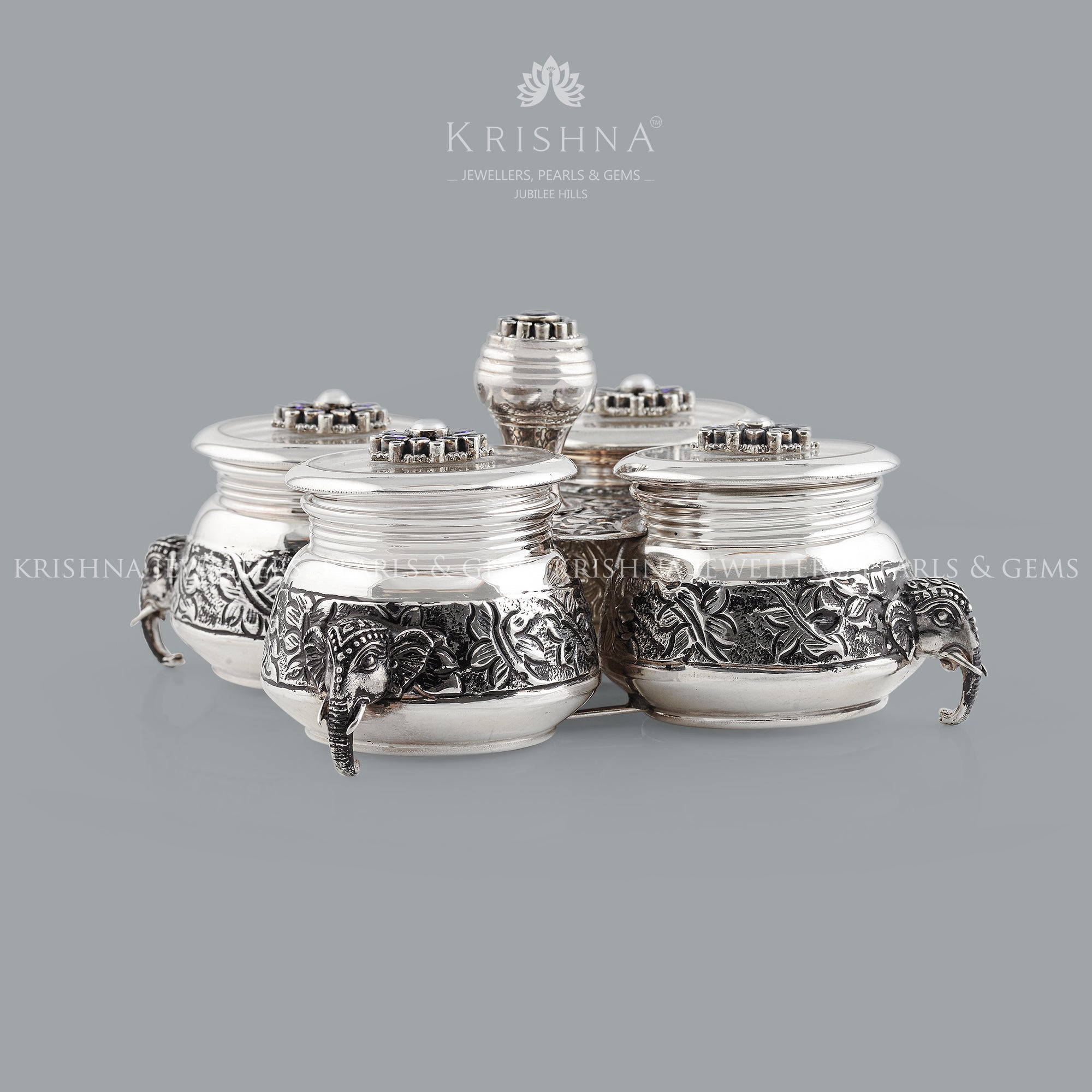 Antique silver Kumkum Bharni Set - Krishna Jewellers Pearls and Gems