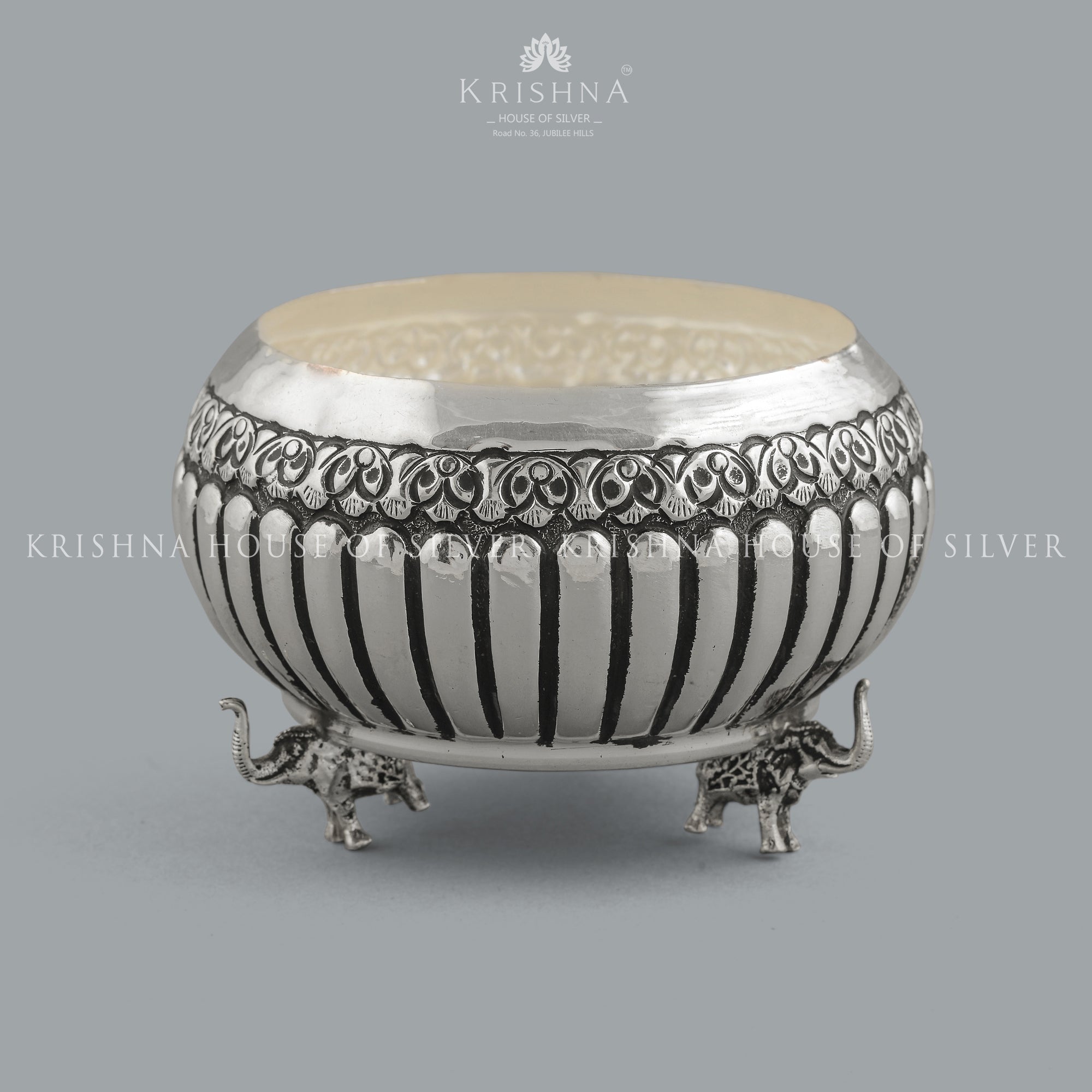 Antique Silver  Bowl In Elephant Motif - Krishna Jewellers Pearls and Gems