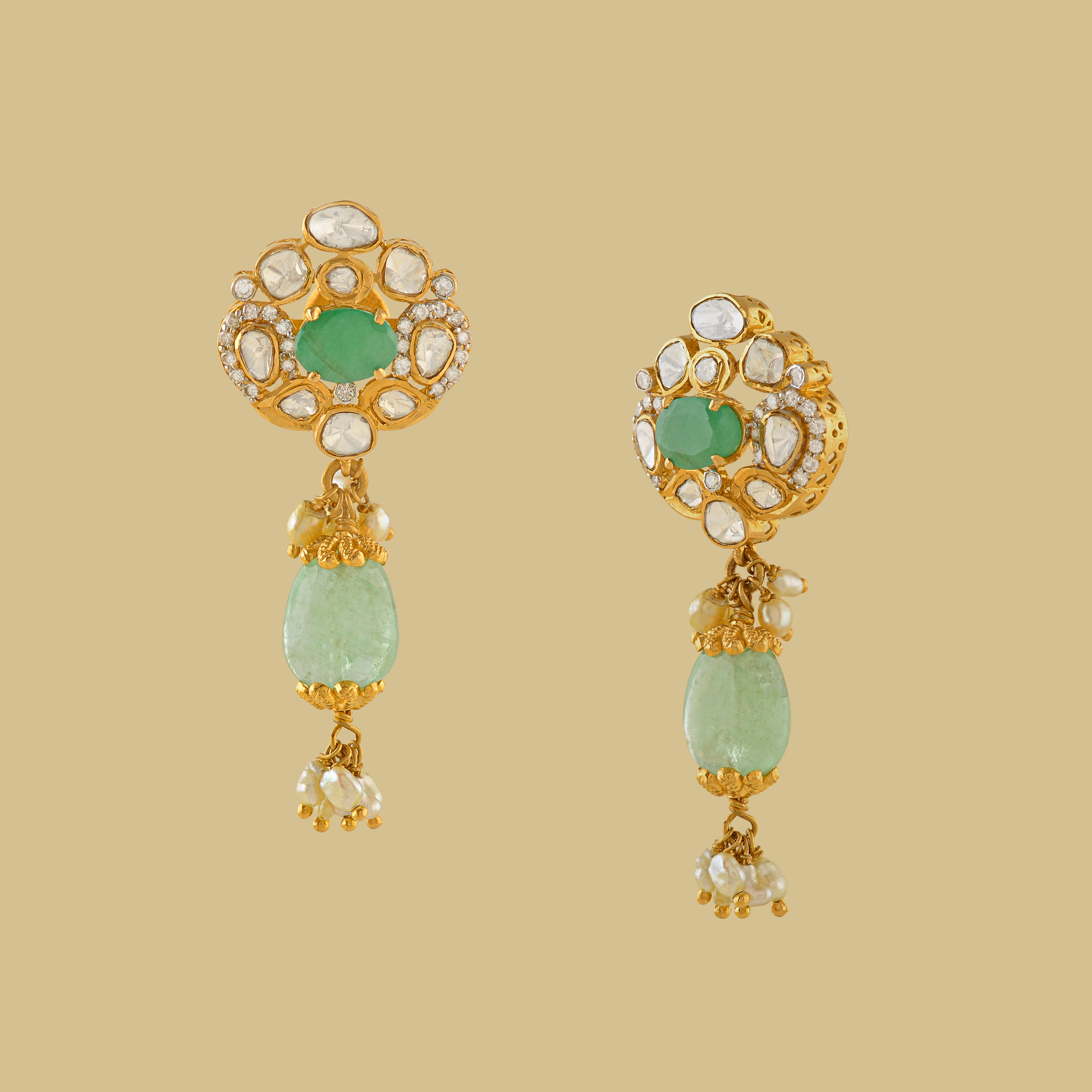 Polk Stud Earrings With Emerald Drops - Krishna Jewellers Pearls and Gems