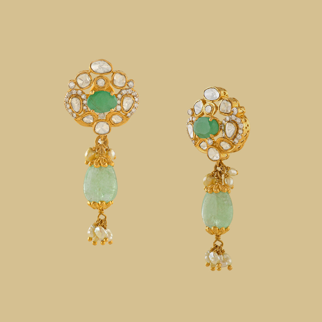 Polk Stud Earrings With Emerald Drops - Krishna Jewellers Pearls and Gems