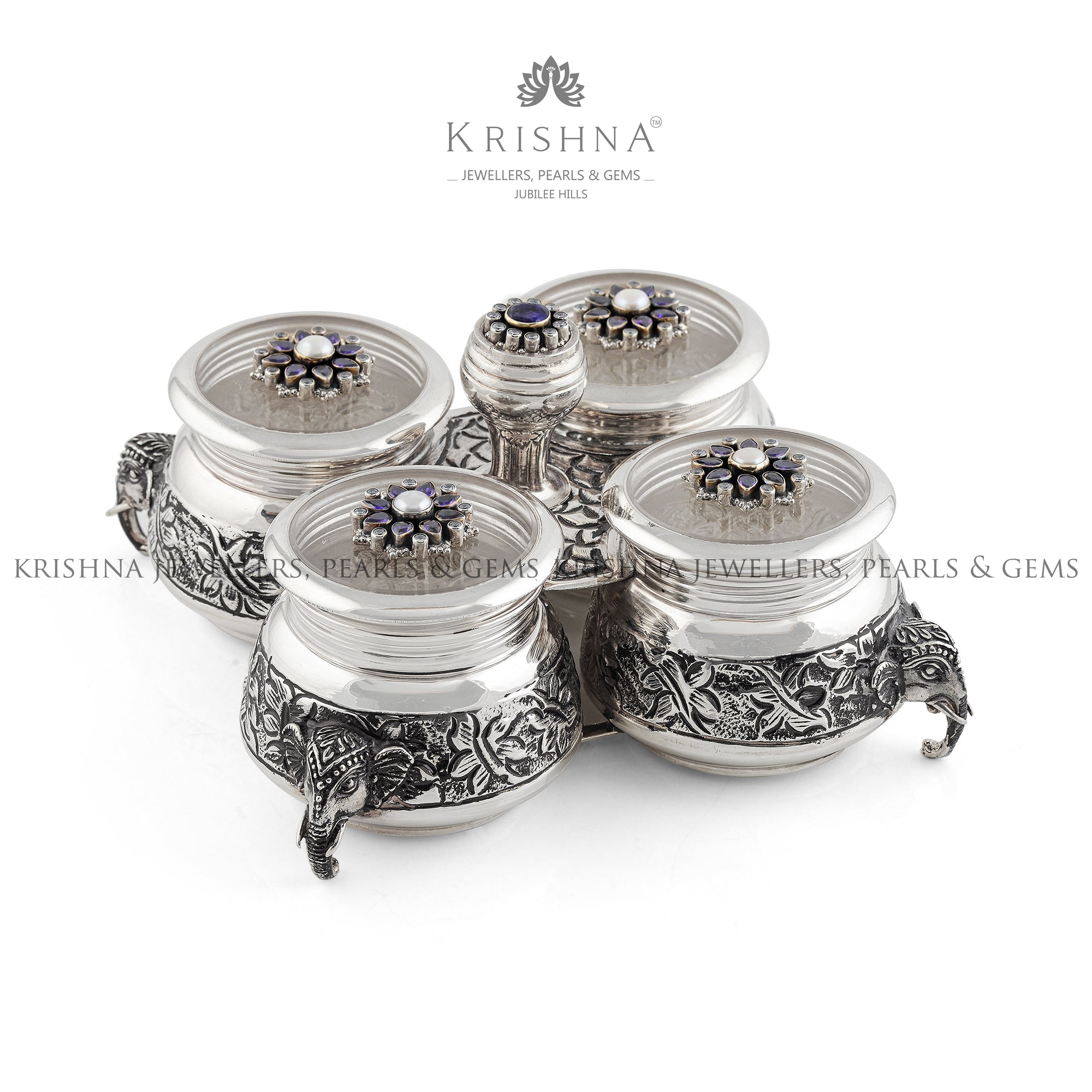 Antique silver Kumkum Bharni Set - Krishna Jewellers Pearls and Gems
