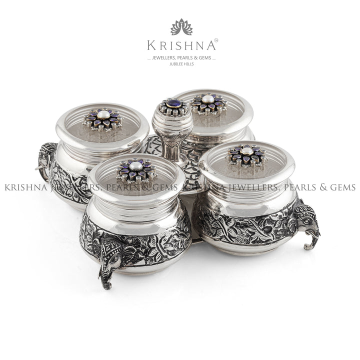 Antique silver Kumkum Bharni Set - Krishna Jewellers Pearls and Gems