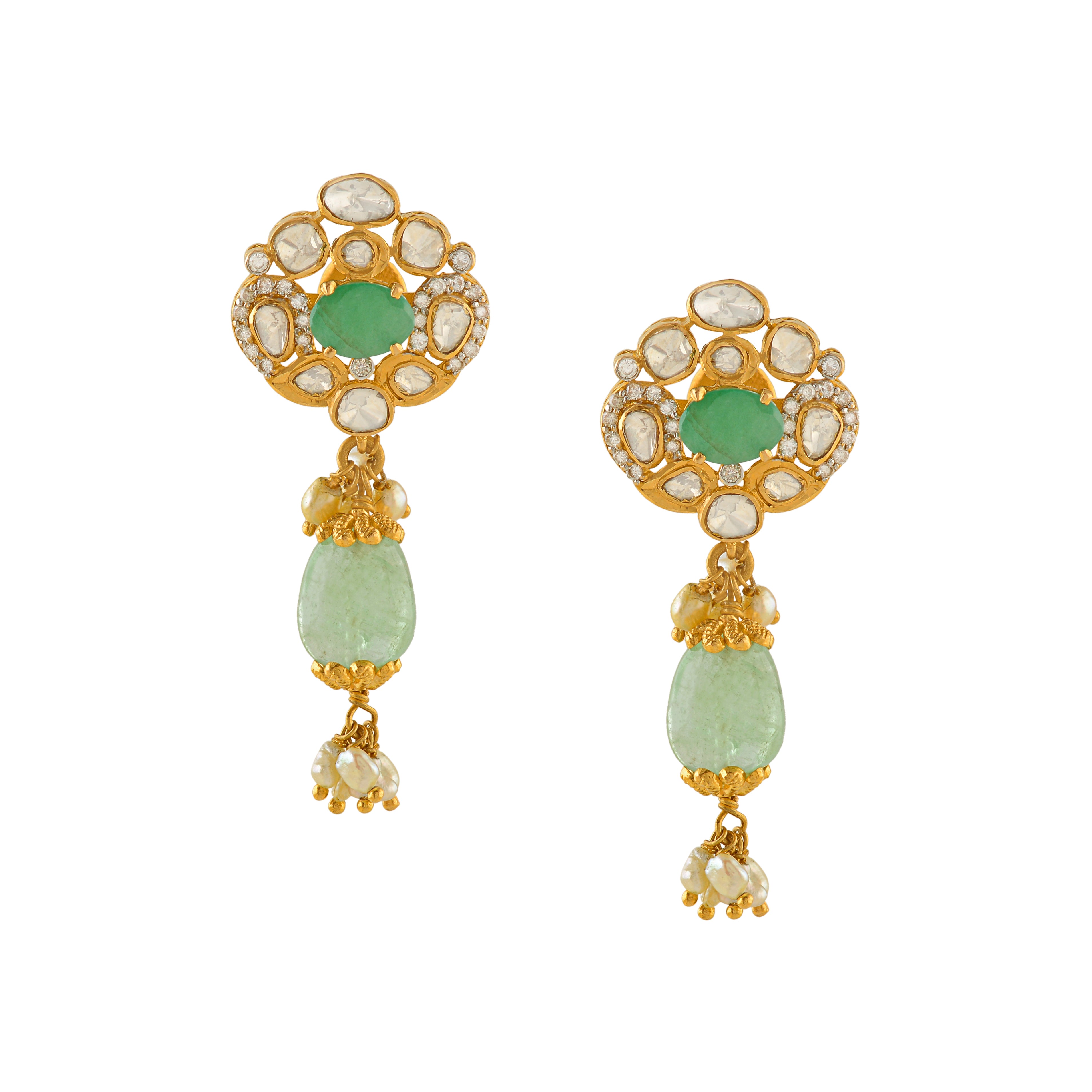 Polk Stud Earrings With Emerald Drops - Krishna Jewellers Pearls and Gems