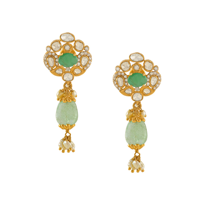Polk Stud Earrings With Emerald Drops - Krishna Jewellers Pearls and Gems