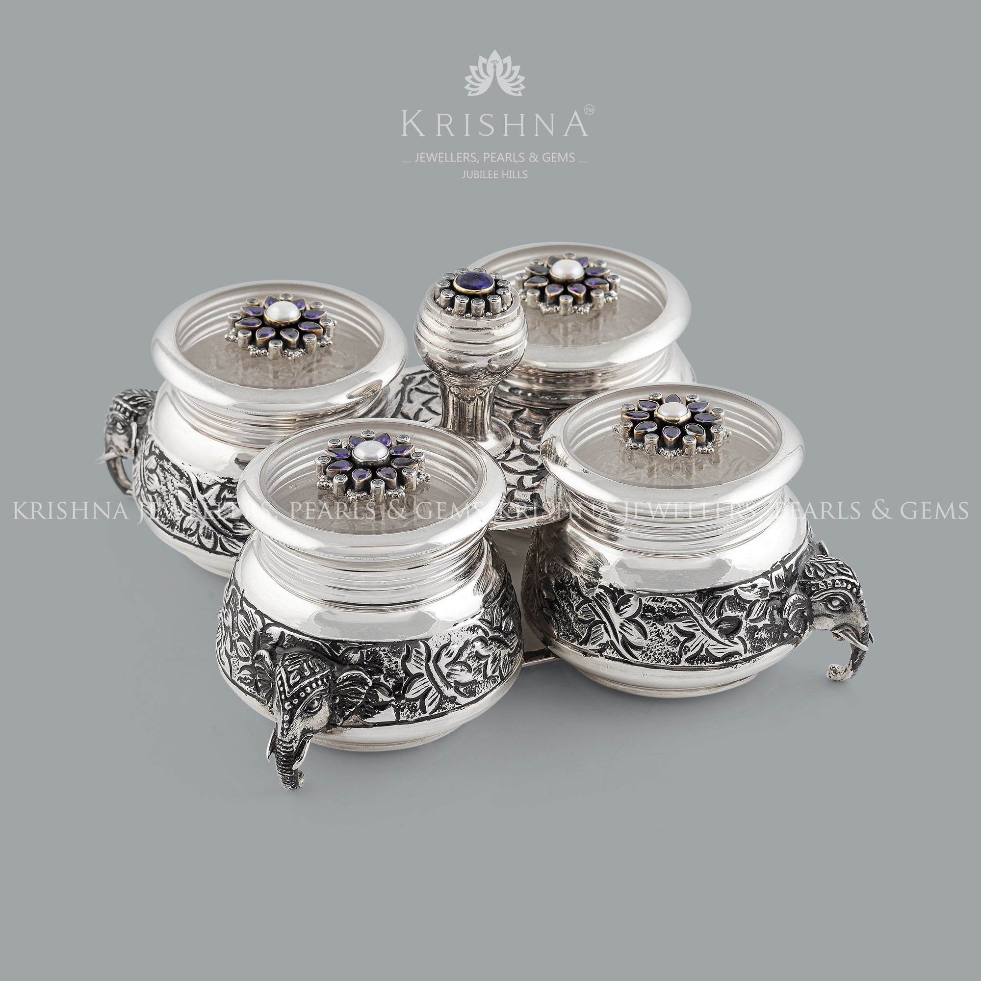 Antique silver Kumkum Bharni Set - Krishna Jewellers Pearls and Gems