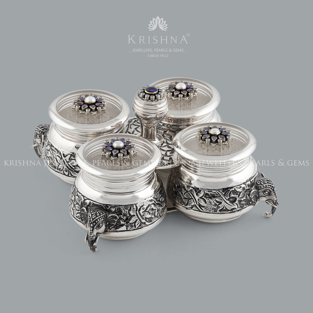Antique silver Kumkum Bharni Set - Krishna Jewellers Pearls and Gems